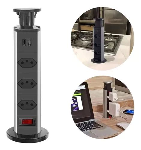 Torre De Tomada Retrátil 3 Tom Usb Tipo c Escritório Cozinha