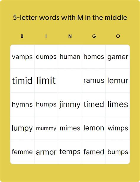 5 Letter Words With M In The Middle Bingo Card Creator