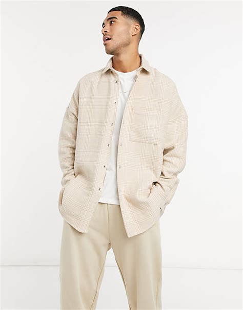 Asos Design Extreme Oversized Wool Mix Check Shacket In Tonal Beige With Snap Buttons Asos