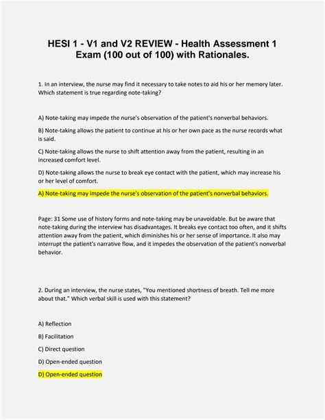 Solution Hesi 1 V1 And V2 Review Health Assessment 1 Exam 100 Out Of 100 With Rationales