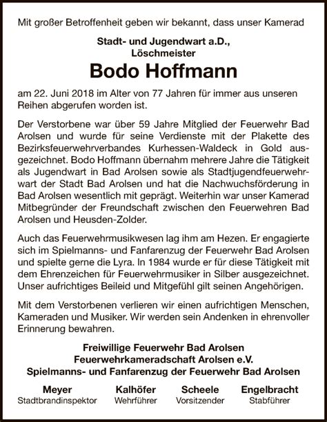 Traueranzeigen Von Bodo Hoffmann Trauer Wlz Online De