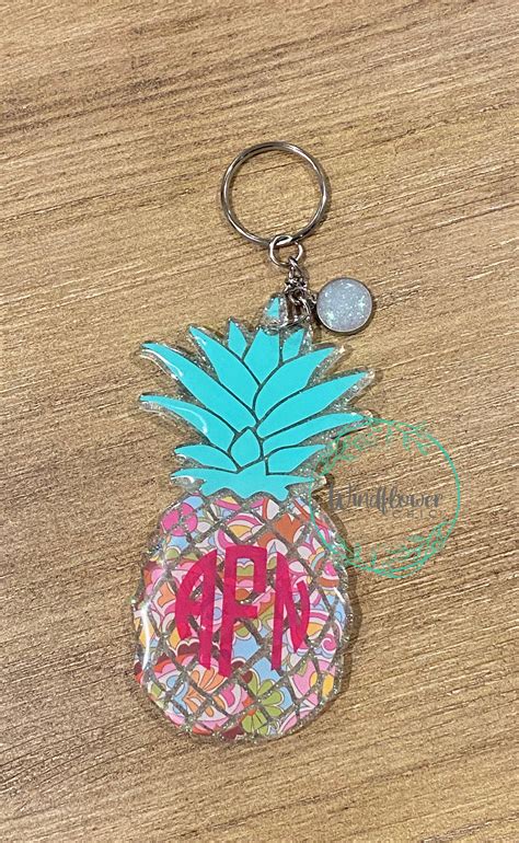 Pineapple Monogram Keychain Personalized Keychain Pineapple Etsy