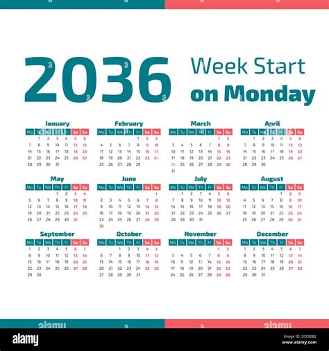 2036 Calendar with the weeks start on Monday Stock Vector Image & Art ...