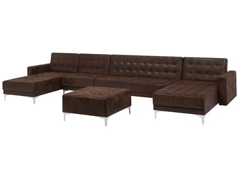 Canapé Panoramique Convertible En Simili Cuir Marron 6 Places Et Pouf