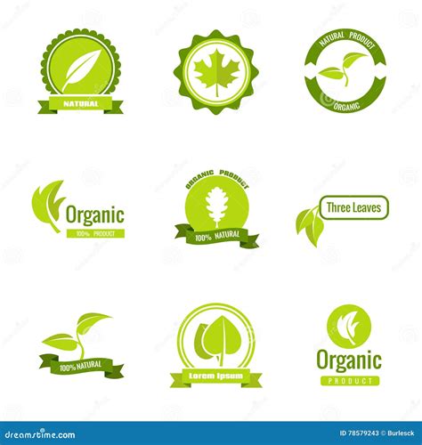 Natural Eco And Organic Products Vector Logos With Leaves Stock Vector