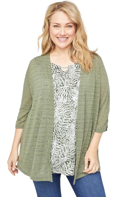 Catherines Womens Plus Size Shadow Stripe Cardigan 2x Clover Green