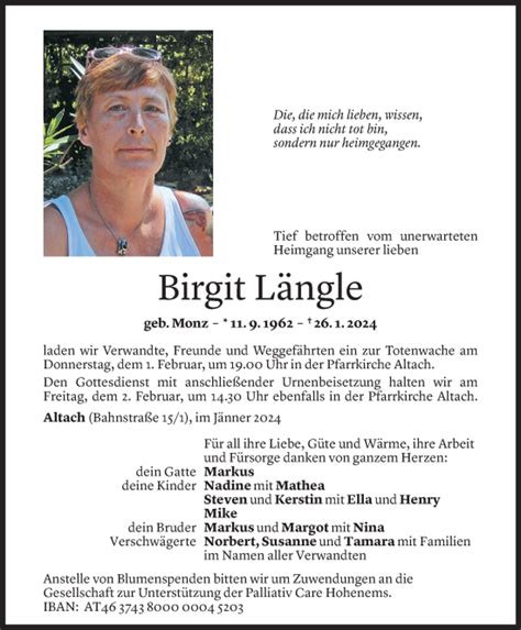 Todesanzeigen Von Birgit L Ngle Todesanzeigen Vorarlberger Nachrichten