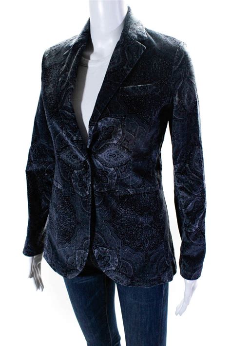 Circolo Womens V Neck Notched Lapel Velvet Paisley Blazer Jacket Blue