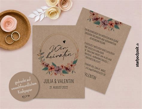 Hochzeitseinladung Kraftpapier Blumenkranz Aquarell