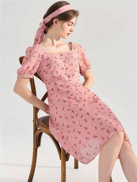 Simple Retro Ditsy Floral Print Puff Sleeve Button Front Dress Gowns