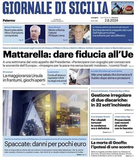 Prima Pagina Giornale Di Sicilia Mattarella Dare Fiducia All Ue