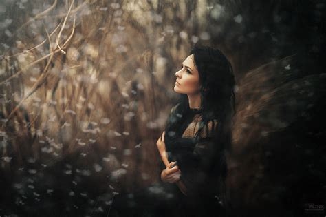 Women Model Brunette Black Hair Black Dress Women Outdoors Curly Hair Eyeliner HD