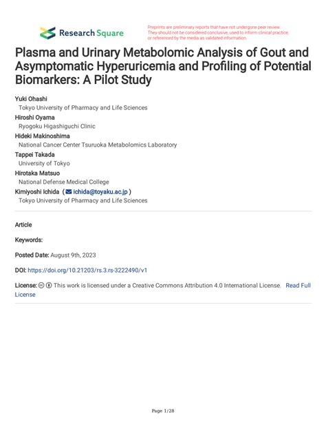 PDF Plasma And Urinary Metabolomic Analysis Of Gout And Asymptomatic