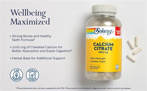 Solaray Calcium Citrate 1000mg Chelated Bone Strength Supplement Supports Teeth Nerve