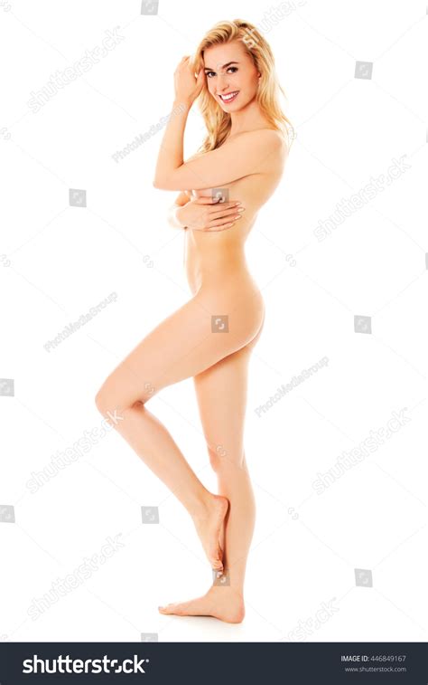 Beautiful Slim Nude Woman Standing Covering Stock Photo 446849167