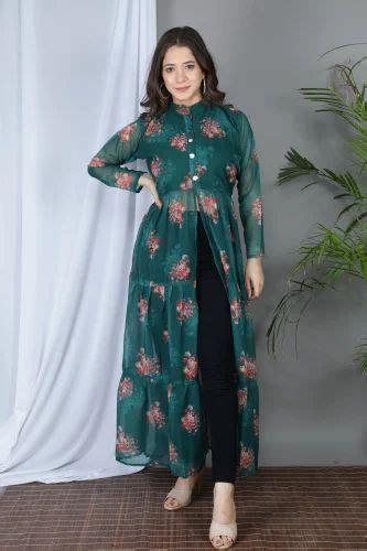 Printed Georgette Long Flair Gown With Center Slit And Frills Rama