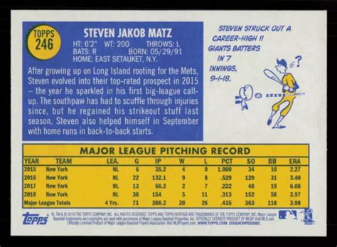 CARTE DE BASEBALL 2019 Topps Heritage Steven Matz 246 New York Mets