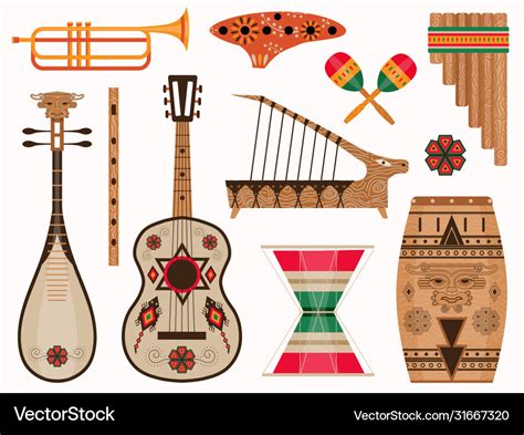 Aztec and mexican ethnic musical instruments set Vector Image