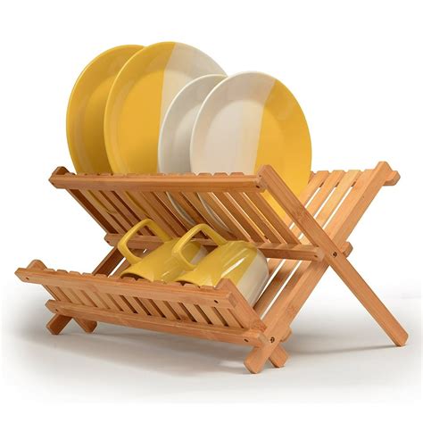 Bamboo Dish Rack Foldable Drying Collapsible Dish Drainer Wooden Plate ...