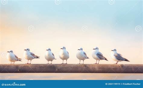 A Group Of Seagulls Standing On A Wooden Rail Generative Ai Image