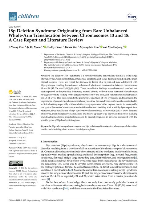 Pdf 18p Deletion Syndrome Originating From Rare Unbalanced Whole Arm Translocation Between