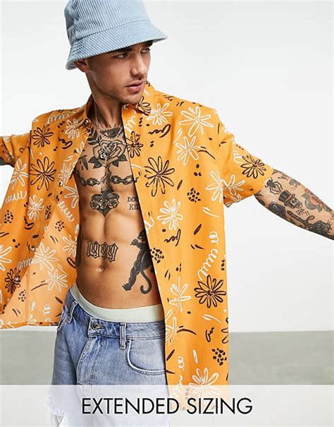 Asos Design Relaxed Shirt In Orange Scribble Floral Print Asos