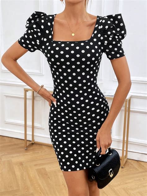 Shein Priv Polka Dot Print Square Neck Puff Sleeve Bodycon Dress