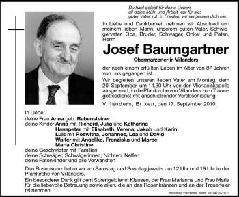 Traueranzeigen Von Josef Baumgartner Trauer Bz