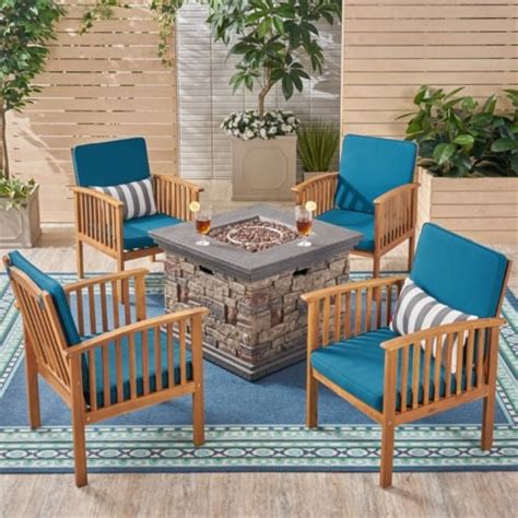 Noble House Carolina 5 Piece Outdoor Acacia Wood Chair And Firepit Set