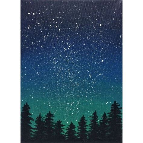 Starry Night Sky Pine Trees Acrylic Canvas Painting Blue Green 5x7