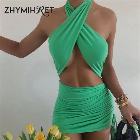 Zhymihret 2021 verão halter bandage vestido feminino sexy sem costas