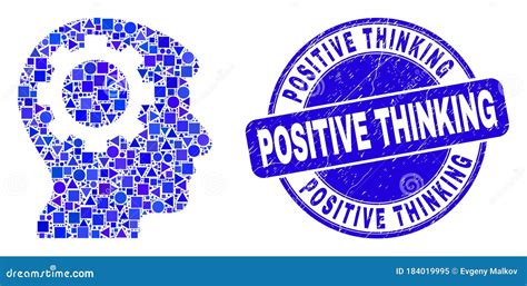 Blue Grunge Positive Thinking Stamp Seal And Gear Thinking Head Mosaic