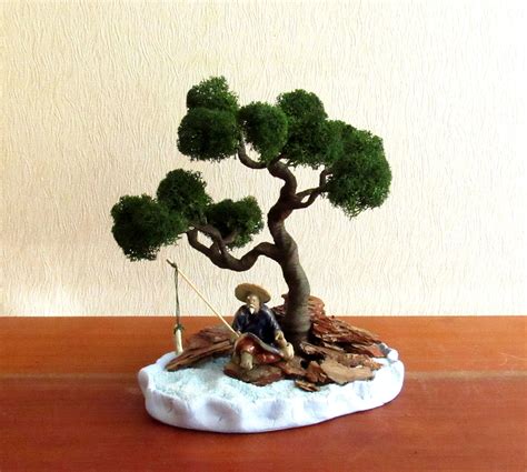 Mini Zen Garden Artificial Bonsai Tree With Fisherman Etsy