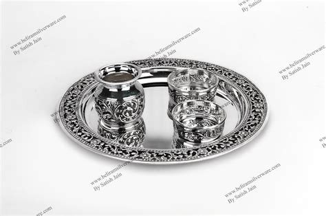 Acanthus Border Oxidized Silver Pooja Thali Set Beliram Silverware