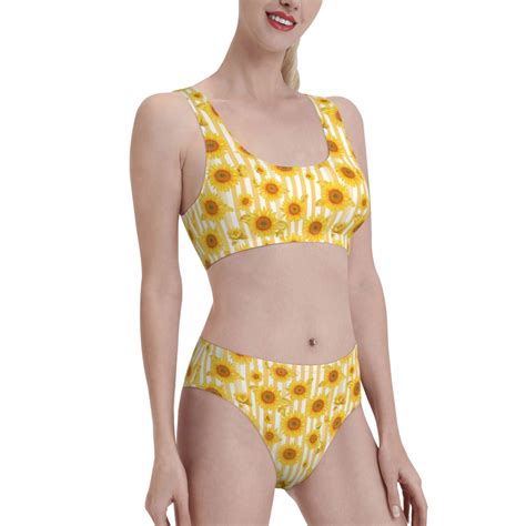 Noikeo Yellow White Striped Sunflower Pattern Bikini Set For Women Two Piece Swimsuits Low Rise