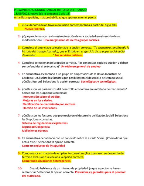 Preguntero 2 Parcial Historia Del Trabajo Completo PREGUNTERO SEGUNDO