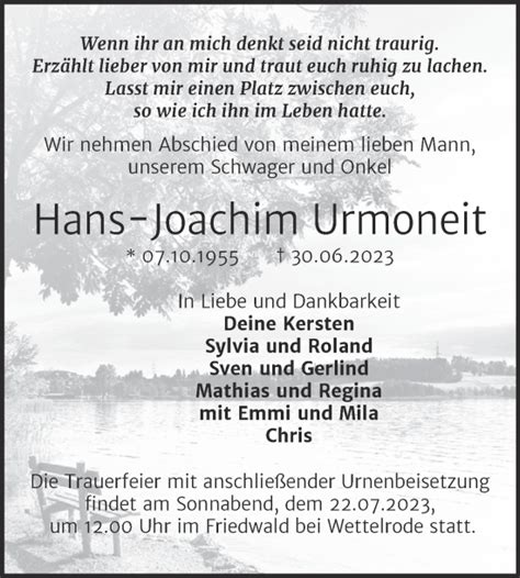 Traueranzeigen Von Hans Joachim Urmoneit Abschied Nehmen De