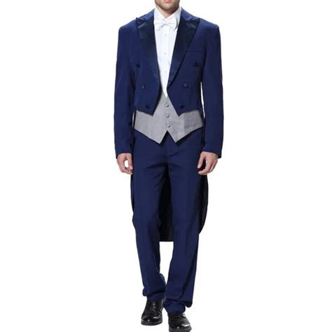 Royal Blue Wedding Tailcoat Three Piece Double Breasted Peaked Lapel