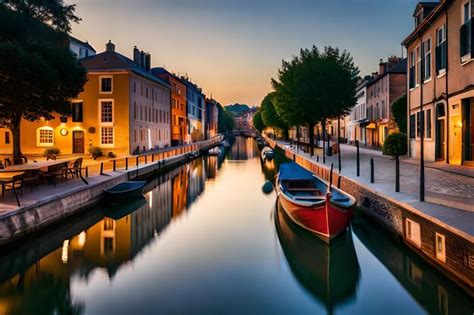 Premium AI Image A Row Of Boats Are Docked In A Canal With A Sunset