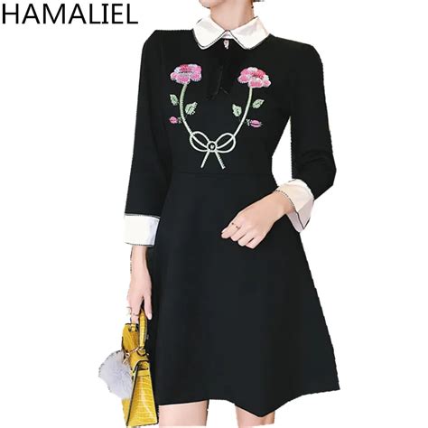 Hamaliel Autumn Casual Ball Gown Dress Women Black Patchwork Floral