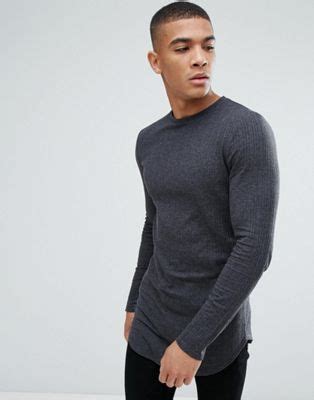 ASOS Super Longline Muscle Fit Long Sleeve In Textured Rib In Charcoal