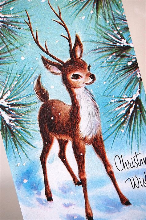 Vintage Christmas Card Woodland Deer in the Pines 1950s set of