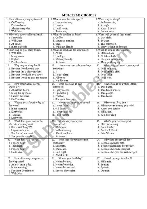 Wh Question Multiple Choices Esl Worksheet By Zzzsunzzz