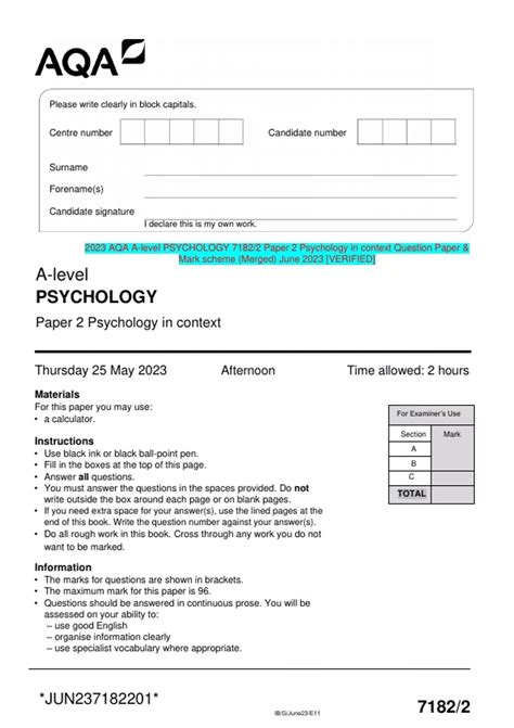 2023 Aqa A Level Psychology 71822 Paper 2 Psychology In Context