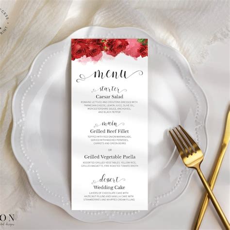 Red Rose Wedding Menu Etsy