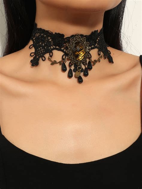 Sexy Gothic Chokers Crystal Black Lace Necklace Pearl Pendant Choker