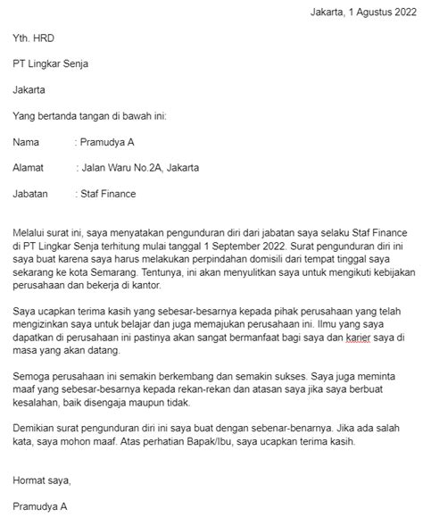 8 Contoh Surat Pengunduran Diri Kerja Yang Baik Dan Sopan