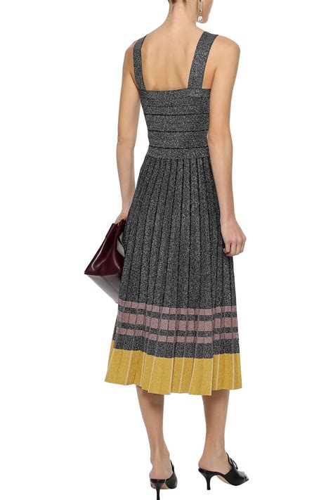 DEREK LAM 10 CROSBY Pleated Striped Metallic Stretch Knit Midi Dress