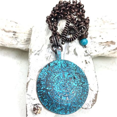 Mayan Calendar Necklace Rustic Copper And Turquoise Blue Calendar