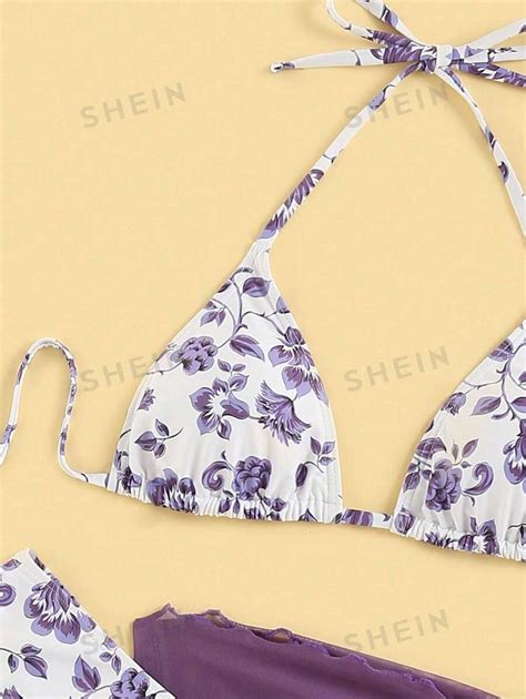 SHEIN Swim Mod Summer Beach Floral Print Halter Triangle Bikini Set